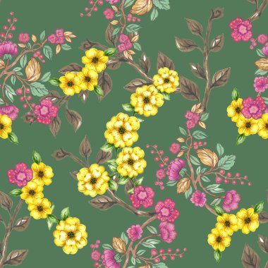 Suluboya oryantal motif illüstrasyon rengarenk küçük çiçek ve yapraklar moda, dekor ev, duvar kağıdı için eski vintage demet
