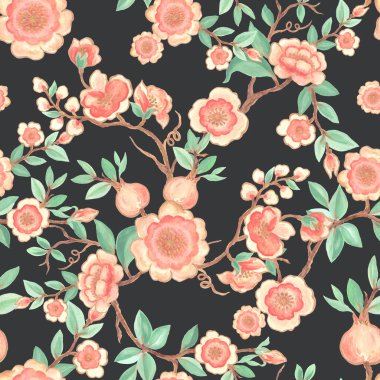 Suluboya seti Doğu Asya geleneksel yalıtılmış çiçek yaprağı dalı, şeftali, armut, sakura, elma ağacı botanik duvar boyası arka plan tekrarı