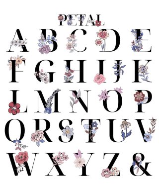 Çiçek başlıklı harf seti A-Z, çiçek açan yazı tipi dizaynı, botanik alfabesi, çiçek buketi kompozisyonu. Düğün için eşsiz bir koleksiyon dekorasyon, logo ve diğer pek çok konsept için davetiye getirir.