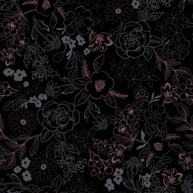 Göz kamaştırıcı gri ve pembe çiçekli desen. Dekor iç dekorasyonu, perde, baskı kartı için siyah arka planda karmaşık çizgileri olan zarif, klasik bir tasarım.