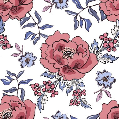 Zarif çiçek desenli, narin çiçekler ve yapraklar. Arka planlar, tekstil, duvar kağıtları ve daha fazlası için mükemmel. Klasik, romantik tarz.