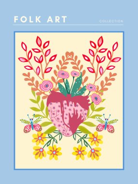 Motif flower heart love folk art design Native culture illustration  Scandinavian Polish traditional tribal colurful invitation greetings card clipart