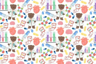 Sevimli Ayı Doktor ilaç kapsülleri ve mikroskoplar. Eğlenceli tasarım çocuk ürünleri ve sağlık projeleri için mükemmeldir.