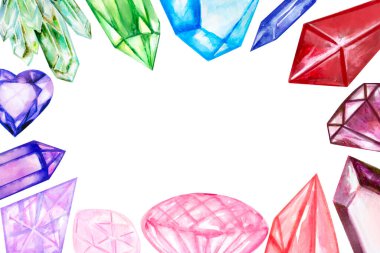 Davetiye veya tebrik kartı tasarımı için beyaz arkaplan üzerindeki suluboya değerli taşlar ve kristallerin şablonu