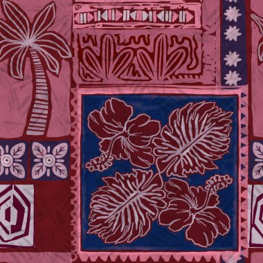 Hawaii tarzı botanik sembol ve geleneksel kumaş yama kağıtları. Soyut, klasik, masa örtüsü yastığı için dikişsiz desen.