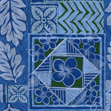 Hawaii tarzı botanik sembol ve geleneksel kumaş yama kağıtları. Soyut, klasik, masa örtüsü yastığı için dikişsiz desen.