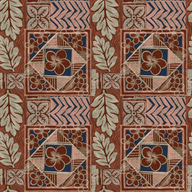 Hawaii tarzı botanik sembol ve geleneksel kumaş yama kağıtları. Soyut, klasik, masa örtüsü yastığı için dikişsiz desen.