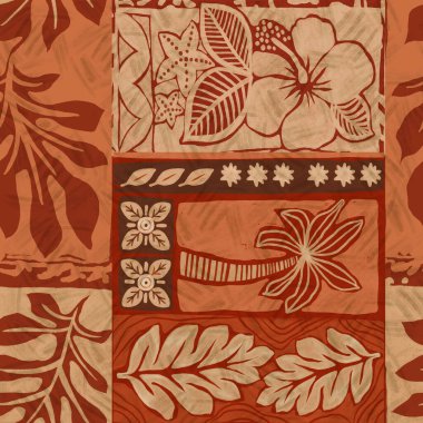Hawaii tarzı botanik sembol ve geleneksel kumaş yama kağıtları. Soyut, klasik, masa örtüsü yastığı için dikişsiz desen.