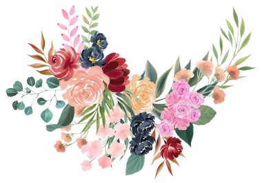 Gül bahçesi şakayıkları çayır yaprağı yaprakları Clipart, gül elementleri izole edilmiş basılabilir suluboya Clipart davet şablonu renklendirici