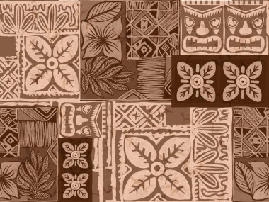 Aloha Hawai yağmur ormanı plajı tropikal Polinezya dijital klibi deseni, tiki, aztek tekstil baskısı, geometrik arkaplan kumaş ve parti kağıdı basmak için mükemmel..