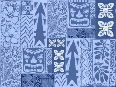 Aloha Hawai yağmur ormanı plajı tropikal Polinezya dijital klibi deseni, tiki, aztek tekstil baskısı, geometrik arkaplan kumaş ve parti kağıdı basmak için mükemmel..
