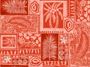 Aloha Hawai yağmur ormanı plajı tropikal Polinezya dijital klibi deseni, tiki, aztek tekstil baskısı, geometrik arkaplan kumaş ve parti kağıdı basmak için mükemmel..