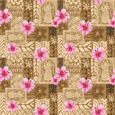 Aloha hibiscus çiçeği Hawaii tropikal egzotik Polinezya deseni, tiki, aztek tekstil baskısı, geometrik arkaplan kumaş ve parti kağıdı baskısı için mükemmel..