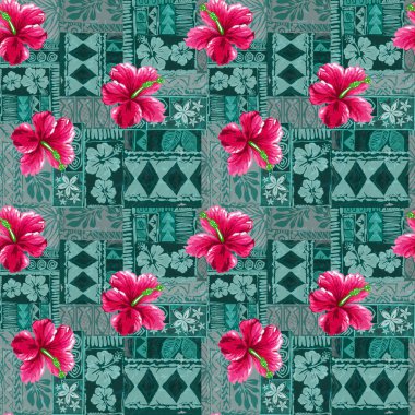 Aloha hibiscus çiçeği Hawaii tropikal egzotik Polinezya deseni, tiki, aztek tekstil baskısı, geometrik arkaplan kumaş ve parti kağıdı baskısı için mükemmel..