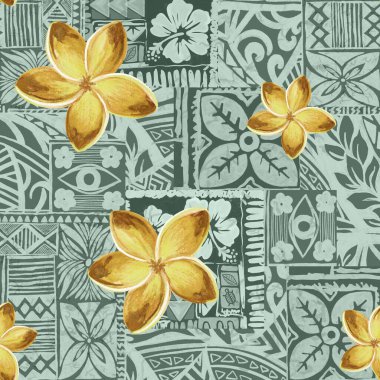 Aloha Plumeria Frangipani çiçeği Hawaii tropikal Polinezya deseni, tiki, aztek tekstil baskısı, geometrik arka plan kumaş ve parti kağıdı baskısı için mükemmel..
