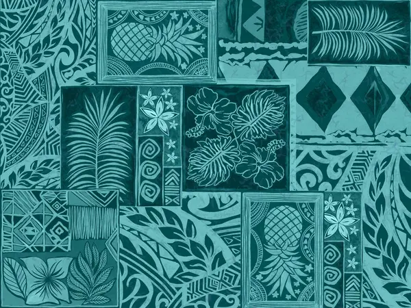Aloha Hawai yağmur ormanı plajı tropikal Polinezya dijital klibi deseni, tiki, aztek tekstil baskısı, geometrik arkaplan kumaş ve parti kağıdı basmak için mükemmel..
