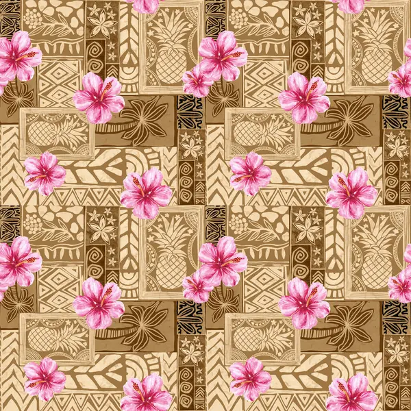 Aloha hibiscus çiçeği Hawaii tropikal egzotik Polinezya deseni, tiki, aztek tekstil baskısı, geometrik arkaplan kumaş ve parti kağıdı baskısı için mükemmel..