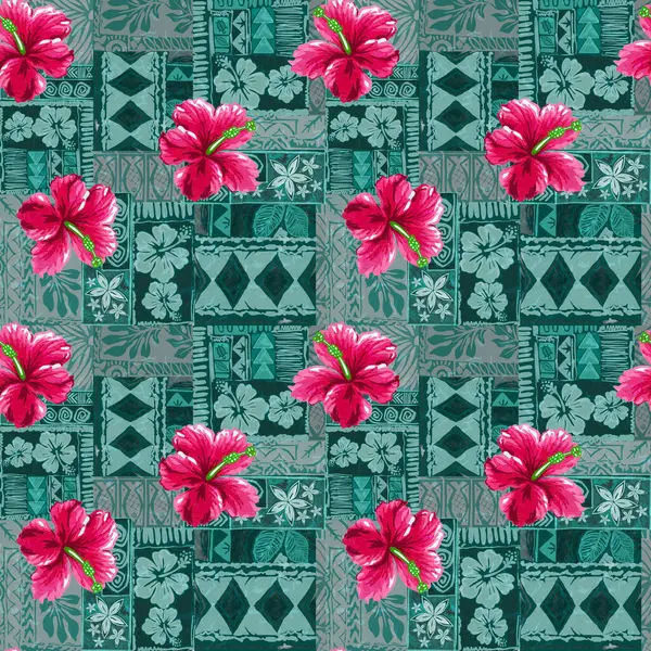 Aloha hibiscus çiçeği Hawaii tropikal egzotik Polinezya deseni, tiki, aztek tekstil baskısı, geometrik arkaplan kumaş ve parti kağıdı baskısı için mükemmel..