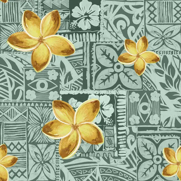 Aloha Plumeria Frangipani çiçeği Hawaii tropikal Polinezya deseni, tiki, aztek tekstil baskısı, geometrik arka plan kumaş ve parti kağıdı baskısı için mükemmel..