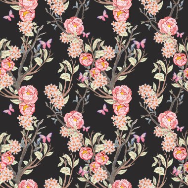 Klasik botanik bahçesi ağacı, şakayık, kiraz çiçeği ve kelebek deseni. Siyah üzerine egzotik Çin porseleni duvar kağıdı