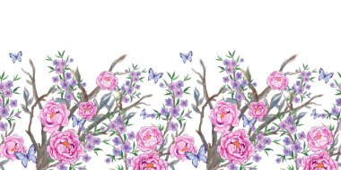 Chinoiserie Duvar Kağıdı, Yatay Düz desenli Güzel Doğu doğulu suluboya resimli Moda dokusu için beyaz arkaplan, baskı kartı