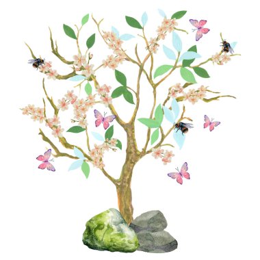 Chinoiserie, geleneksel oryantal botanik motifi. Kiraz çiçeği ağacı arısı kelebeği klasikleşmiş davetiye.