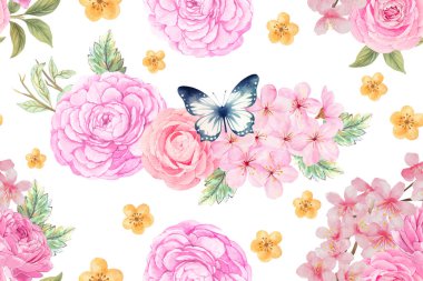 Çince Korece ve Japonca kimono chinoseries tarzında suluboya resimlerden esinlenilmiş kusursuz arkaplan deseni.