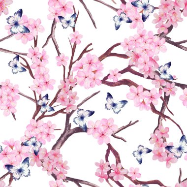 Çince Korece ve Japonca kimono chinoseries tarzında suluboya resimlerden esinlenilmiş kusursuz arkaplan deseni.