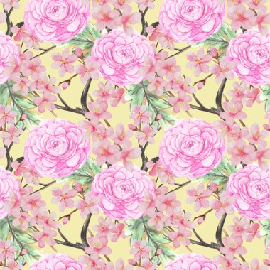 Çince Korece ve Japonca kimono chinoseries tarzında suluboya resimlerden esinlenilmiş kusursuz arkaplan deseni.