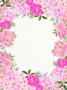 Sakura çiçeği pembe gül, ranunculus, şakayık çiçeği tebrik kartı tasarım şablonu.