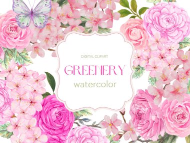 Kiraz çiçekli suluboya bahçesi arka planı, gül, ranunculus, şakayık ve kelebek desenli sınır pankartı