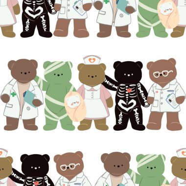 Tıp, sağlık ve salgın konsepti. Karalama karakteri ayı doktor, hemşire, laboratuvar bilimi kusursuz desen desen desen desen baskı moda, ambalaj, çocuklar için iç mekan.