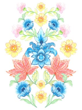 Kusursuz desenli simetri çiçek suluboya renkleri Damask, Hindistan, Paisley, Batik, baskı için etnik arka plan tekstil tasarımı