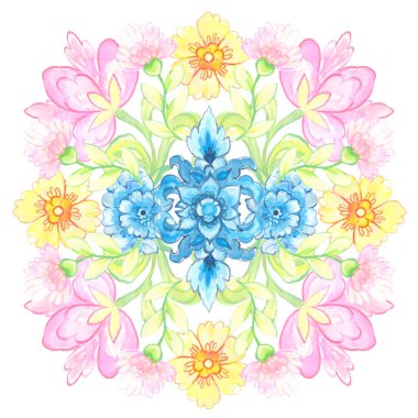 Kusursuz desenli simetri çiçek suluboya renkleri Damask, Hindistan, Paisley, Batik, baskı için etnik arka plan tekstil tasarımı