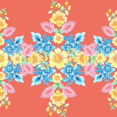 Kusursuz desenli simetri çiçek suluboya renkleri Damask, Hindistan, Paisley, Batik, baskı için etnik arka plan tekstil tasarımı