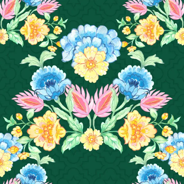 Kusursuz desenli simetri çiçek suluboya renkleri Damask, Hindistan, Paisley, Batik, baskı için etnik arka plan tekstil tasarımı