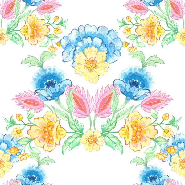 Kusursuz desenli simetri çiçek suluboya renkleri Damask, Hindistan, Paisley, Batik, baskı için etnik arka plan tekstil tasarımı