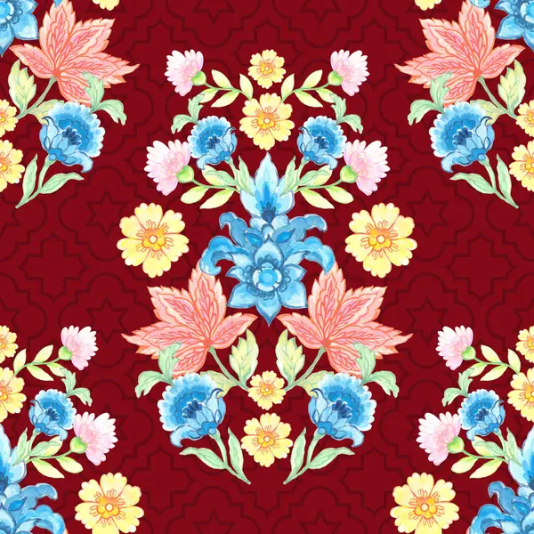 Kusursuz desenli simetri çiçek suluboya renkleri Damask, Hindistan, Paisley, Batik, baskı için etnik arka plan tekstil tasarımı