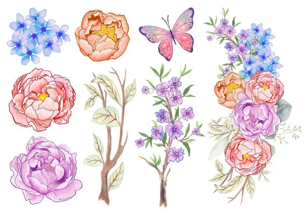 Şatafatlı, çiçekli, yalıtılmış element tasarımı kelebek şakayık çiçekli, kiraz çiçekli bahçe elle boyanmış.