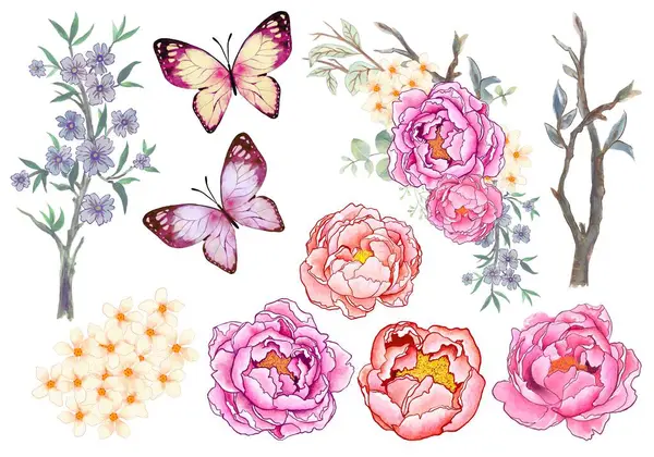 Şatafatlı, çiçekli, yalıtılmış element tasarımı kelebek şakayık çiçekli, kiraz çiçekli bahçe elle boyanmış.