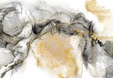 Alkol tekniği olan soyut sıvı sanat, ve altın folyo parıltısıyla süslenmiş lüks arka plan görünümlü.