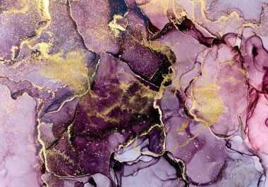 Alkol tekniği olan soyut sıvı sanat, ve altın folyo parıltısıyla süslenmiş lüks arka plan görünümlü.