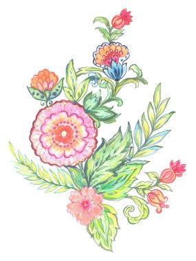 Paisley Jacobean çiçek kızılderili halk modeli. Damask Çiçek İllüstrasyon geleneksel kabile buketi