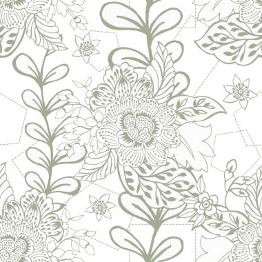 Pastel hatları pürüzsüz desen Floral halk arkaplan çiçekleri beyaz arka planda duvar kağıdı bitkileri dekoratif çiçek desenleri çizmiş. Ev dekorasyonu, kumaş, halı, ambalaj, kart çizimi için tasarım