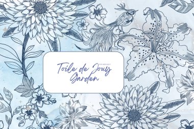 Toile De Jouy Vintage Çiçek özeti. Zarif çiçeklerin, kır çiçeklerinin ve romantik motiflerin yer aldığı mavi özet.