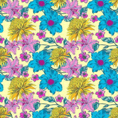 El çizimi rengarenk çiçekler. Dijital Clipart Eatern Asya tarzı kumaş, tekstil, giysi, ambalaj kağıdı, kapak, afiş, ev dekorasyonu, soyut arkaplan