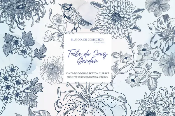 Toile De Jouy Vintage Çiçek özeti. Zarif çiçeklerin, kır çiçeklerinin ve romantik motiflerin yer aldığı mavi özet.