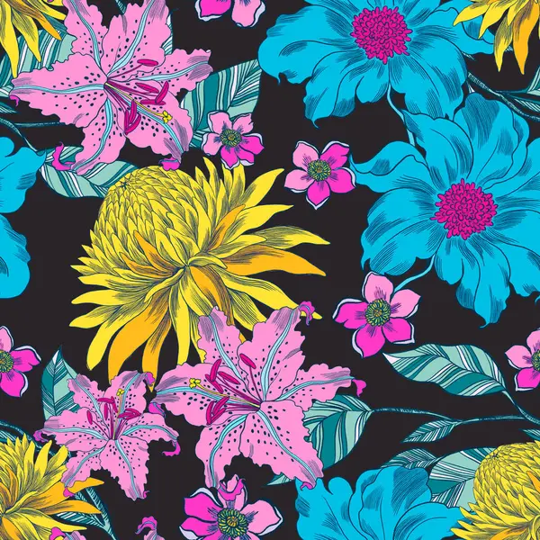 Güzel bir mevsim tatili çiçek açan çayır yaprak tarlası gece yarısı dikişsiz desen tasarımı moda, kumaş, kağıt, interio için koyu siyah renkte izole edilmiş