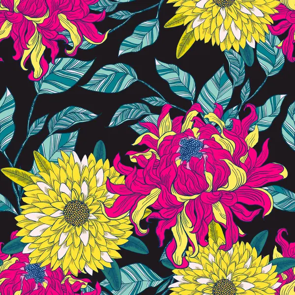 Güzel bir mevsim tatili çiçek açan çayır yaprak tarlası gece yarısı dikişsiz desen tasarımı moda, kumaş, kağıt, interio için koyu siyah renkte izole edilmiş