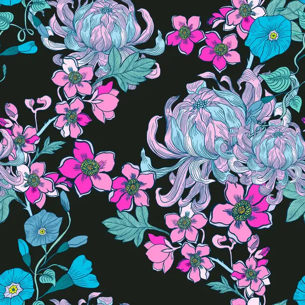 Güzel bir mevsim tatili çiçek açan çayır yaprak tarlası gece yarısı dikişsiz desen tasarımı moda, kumaş, kağıt, interio için koyu siyah renkte izole edilmiş